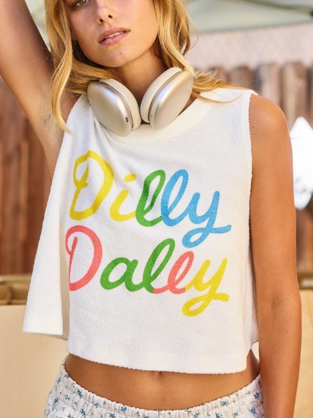 BUCKETLIST Dilly Dally Graphic Cropped Terry Tank Top- Size Large